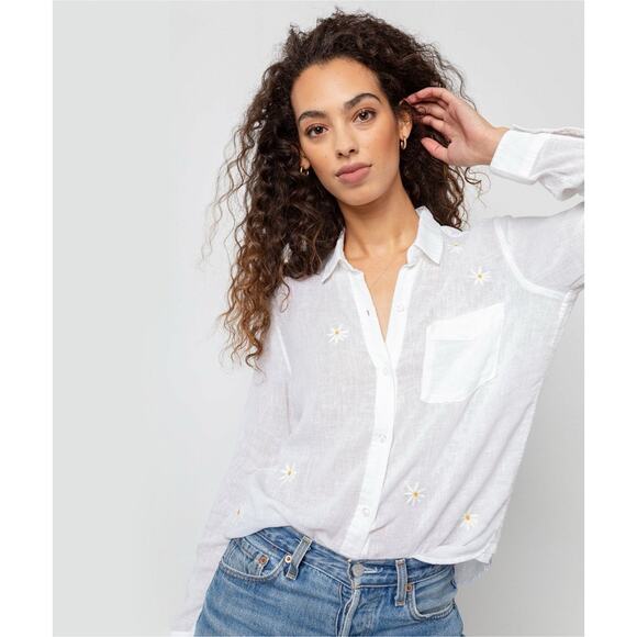 Rails Charli White Daisy Embroidery Linen Button Up Shirt Long Sleeve Womens XS - Picture 1 of 13